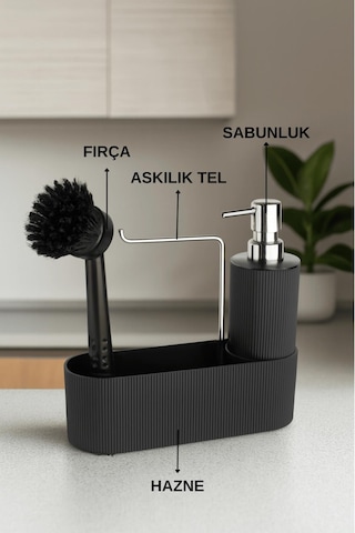 Siyah Çok Amaçlı Sabunluk Mutfak Lavabo Düzenleyici Set-plastik Çizgili Sabunluk Siyah