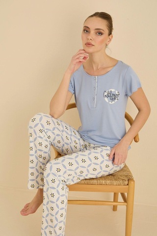 Seamlife Kadın Desenli Düğmeli Bisiklet Yaka Kısa Kol Pijama Takımı-slim Fit Yazlık Homewear mavi