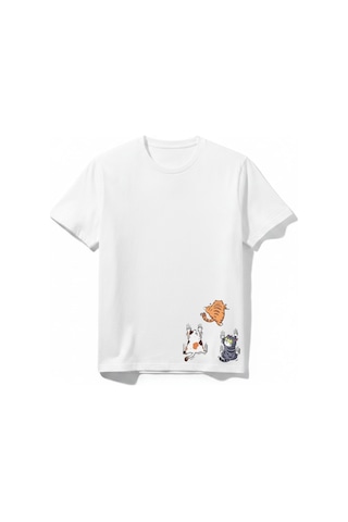 Urbantrendstore Kedi Temalı Kız Çocuk Erkek Çocuk Unisex Bisiklet Yuvarlak Yaka Basic Kısa Kollu %100 Pamuk Tişört Beyaz