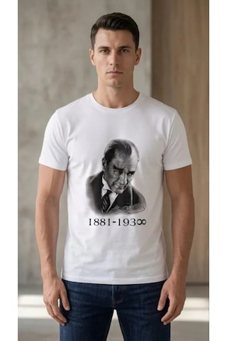 Alyn Wear Erkek Atatürk Baskılı Tişört Kısa Kollu Bisiklet Yaka T-shirt - Beyaz