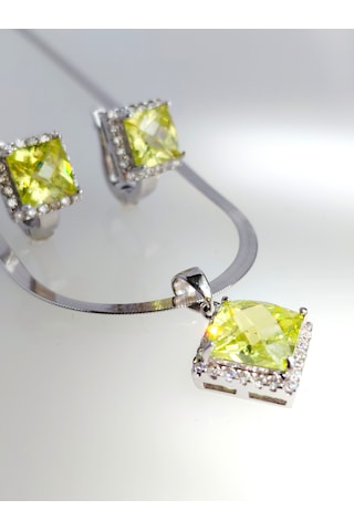 925 Ayar Gümüş Zebercet Peridot Doğal Taşlı Baget Tasarım Kadın Mücevher Set Kolye Küpe S.258