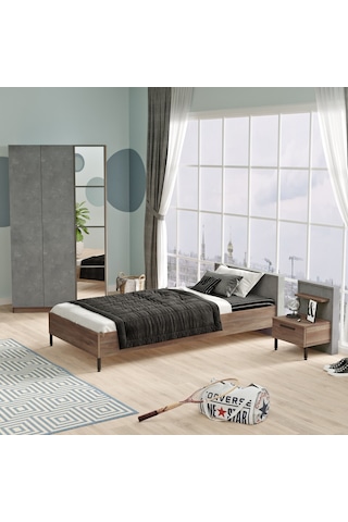 Robin Home Dream Genç Odası 3'Lü Set Karyola Komodin Gardırop Kahverengi