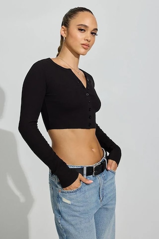 Madmext Siyah Uzun Kollu Düğmeli Kaşkorse Crop Hırka Mg2193 Siyah