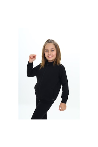 Toontoy Kız Çocuk Dik Yaka Fermuarlı Cepli Reglan Kol Örme Hırka - 2 İplik Siyah
