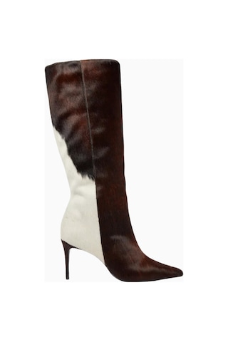 Black Suede Studio Ember 80 Kahverengi Cow-print Pony Hair Diz Altı, Sivri Burun Ince Topuklu Çizme