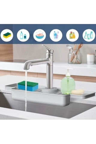 Novahub Gri Musluk Sıçrama Koruması: Katlanabilir, Dayanıklı, Sızdırmaz, Mutfak Lavabo Sünger Fırça Depolama Tepsisi Gri