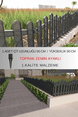Dekoratif Plastik Bahçe ve Peyzaj Çiti 10 Adet ÇİT (Y: 50 CM / G: 5.5 M) Toprak Ayaklı - Antrasit Gri