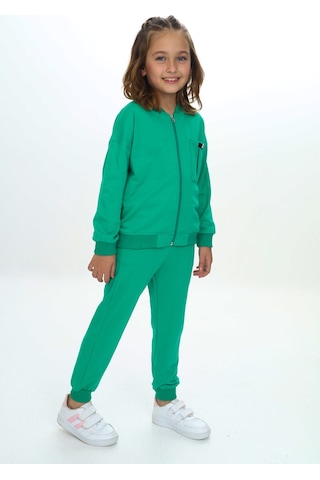 Toontoy Kids Toontoy Kız Çocuk 2'li Takım Baskılı Bisiklet Yaka Kolu Fırfırlı Sweatshirt & Beli Paçası Lastikli Cepli Jogger Eşofman Altı - 2 İplik Çimen Yeşili