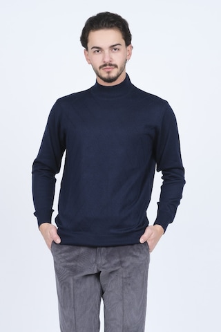 Woolen World Erkek Desenli Yarım Balıkçı Triko Yün Kazak 5596983 Lacivert