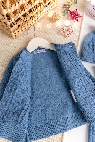 Triko Hırkalı 3'lü Ayarlanabilir Askılı Örgü Erkek Bebek Salopet Tulum Takım Set mavi