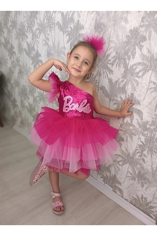 Pembe Barbie Elbise Tek Kollu Pembe