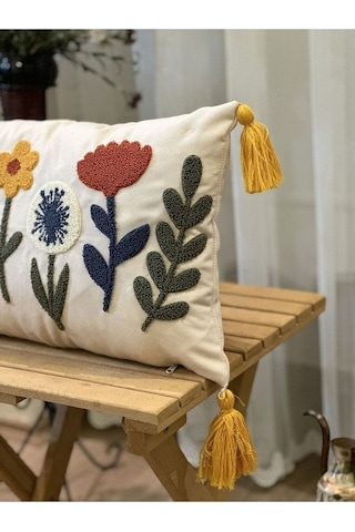 Tekli Punch İşlemeli Çiçekli Flowers Pançlı Nakışlı Dekoratif Kırlent Kılıfı 35x50 Sarı