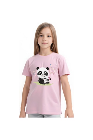 Panios Kids Mother Panda Baskılı Kız Çocuk Kısa Kollu T-shirt Açık Pembe
