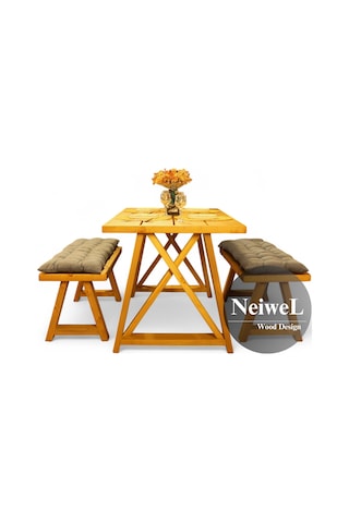 Neiwel Garden Mare Doğal Ahşap Banklı Bahçe Masa Takımı-120-280 Takım Açık Ceviz