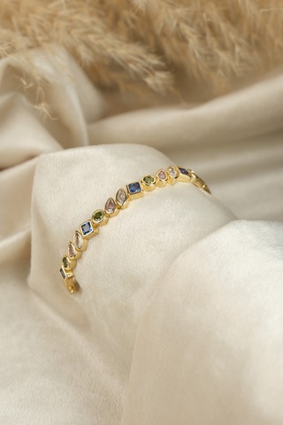 Çildan Womens Gold Özel Tasarım 3 Renk Taşlı Kelepçe Bileklik Altın - Gümüş