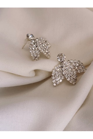 Kuş Çiçek Model Kristal Taşlı Küpe Gümüş