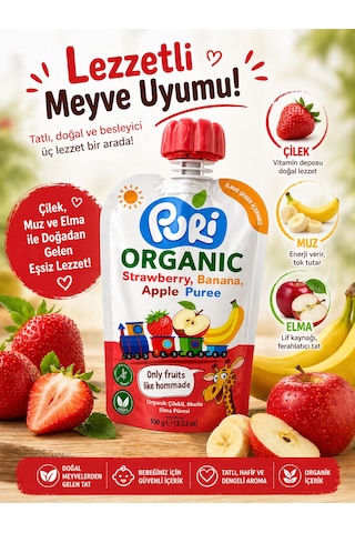 Organic %100 Organik Meyve Püresi Çilek Muz Elma 100 G İlave Şekersiz