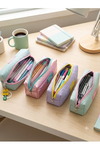 Kalem Kutusu Puf Kumaş Fermuarlı Çok Amaçlı Kalemlik - Pembe