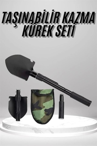 Pusulalı Katlanabilen Portatif Çantalı Mini Kazma Kürek Seti