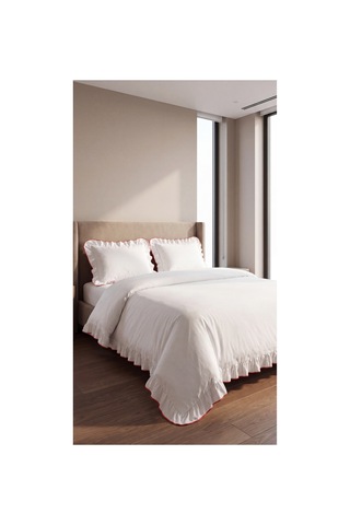 %100 Pamuk Overloklu Fırfırlı Çift Kişilik Nevresim Takımı Lastikli Çarşaflı 200x220 Cm Kırmızı - 904804703 Kırmızı