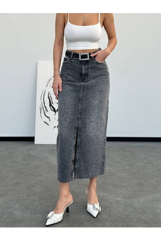 Herton Kadın Yüksek Bel Yırtmaçlı Uzun Kot Etek %100 Pamuk Füme Denim Çok Renkli