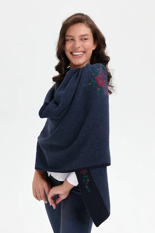 Desen Triko Üç Çiçekli Nakış İşlemeli Kadın Yün Şal 24055 Lacivert