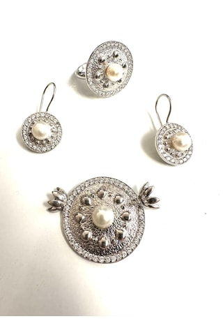 İnci Ve Zirkon Taşlı Gümüş Set Takım 925 Ayar 23,48 Gram