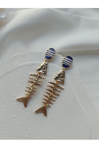 Gold Mavi Detaylı Balık Küpe Altın