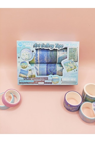 Art Vintage Washi Tape Bant Yapışkanlı Maskeleme Kağıdı Desenli Bant 12'li - Mavi Van Gogh Tabloları 1