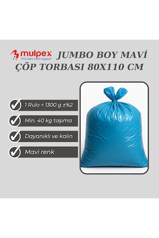 Mulpex Jumbo Boy Mavi Çöp Torbası 80x110 Cm 1 Rulo 1300 G %2 Dayanıklı Ve Kalın, Ağır Hizmet Geri Dönüşüm