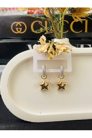 Zirkon Taşlı Yıldız Figür Sallantılı Çelik Küpe Altın - Gümüş