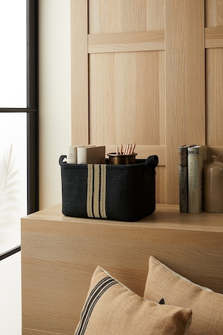 Ocean Home Textile Çizgili Siyah Renk Jüt Sepet 30 x 21 x 18 cm