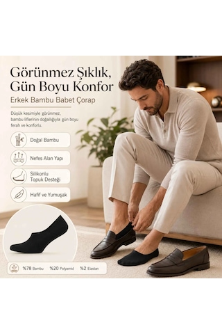 Çorap Giyim Erkek Bambu 12 Li Babet Çorap Görünmez No Show Dikişsiz Silikon Topuklu Siyah
