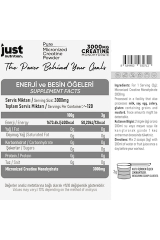 Just Nutrition Creatine Monohydrate Kreatin 360 Gr 120 Servis + Shaker + Protein Kahve Aromasız