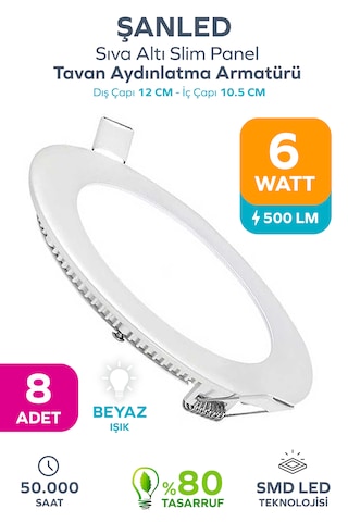 6w Tasarruflu Led Yuvarlak Beyaz Işık Sıva Altı Slim Panel Tavan Aydınlatma Armatürü 8 Adet