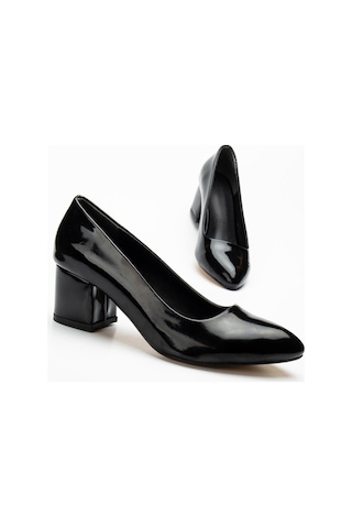 Kadın Kısa Topuklu Ayakkabı Siyah Rugan Malzeme Kalın Topuklu-3553 Siyah - Rugan
