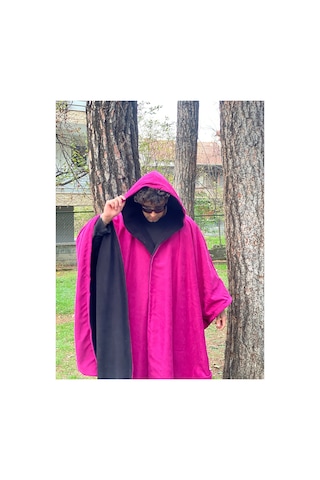 Alpin Çift Taraflı Kapüşonlu Panço Fuşya & Siyah Unisex Oversize Panço Çok Renkli Çok Renkli