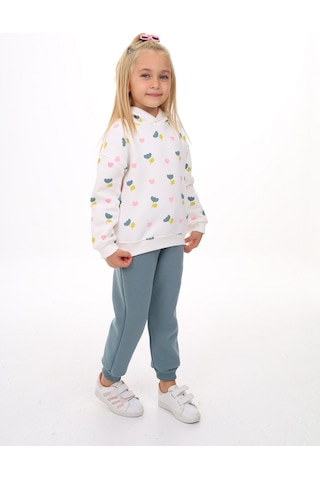 Toontoy Kids Toontoy Kız Çocuk 2'li Takım Baskılı Kapüşonlu Sweatshirt & Beli Paçası Lastikli Jogger Eşofman Altı - Renk Bloklu & 3 İplik Şardonlu Mint