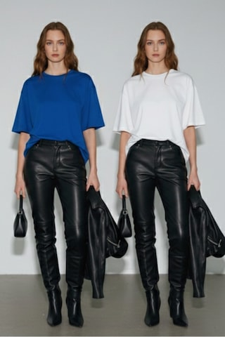 Soft&Basic Kadın 2'li %100 Organik Pamuk Oversize Fit Basic Yuvarlak Yaka T-shirt İndigo-beyaz