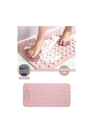 Vantuzlu Dikdörtgen Duş Kaydırmaz Paspas, Küvet İçi Banyo Zemini Ayak Masaj Halısı 70x36cm Pembe