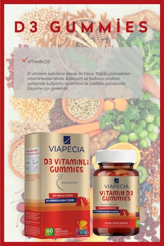 Viapecia Kids D3 Vitaminli Gummies Elma Aromalı 60 Adet