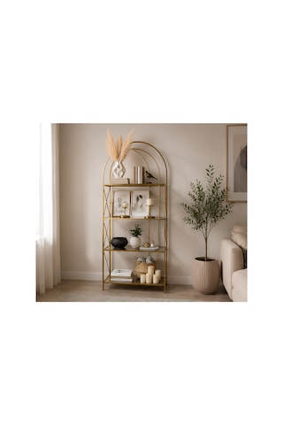 Familieconcept Metal Kitaplık Ve Dekoratif Raf 180x70 Cm Statik Boyalı Temperli Cam Altın