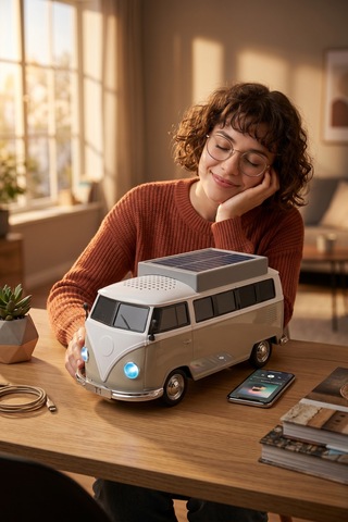 Bluetooth Hoparlör Retro Araba Vosvos Tasarımlı Solar Şarjlı Speaker D70 Bej