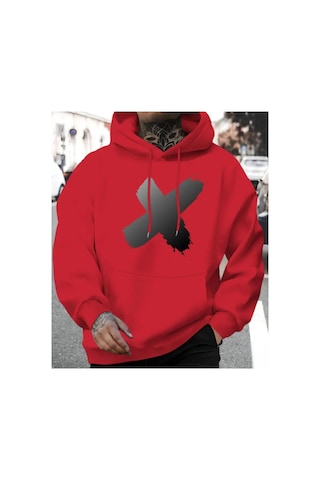 Herkesemoda X Baskı Detaylı Kapüşonlu Sweatshırt Kırmızı