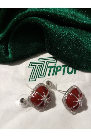 Tiptop/ Fransız Mikro Zirkon Krom Kare Kırmızı İnci Küpe Gümüş - Kırmızı