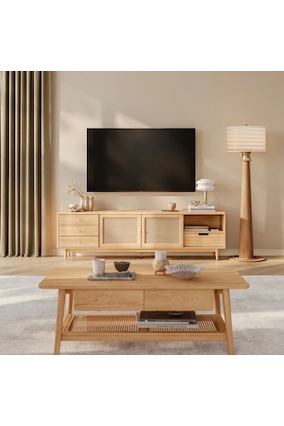 Ahşap Rattan Kapak Detaylı Modern Tv Ünitesi Natürel
