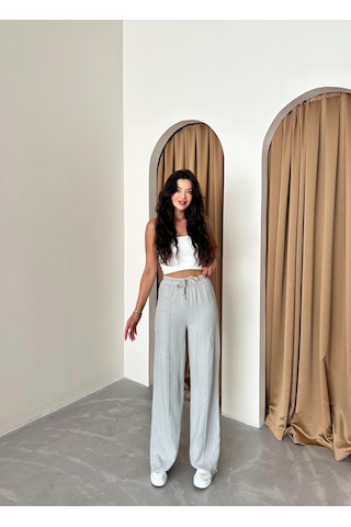 Gri %100 Keten Palazzo Pantolon Gri