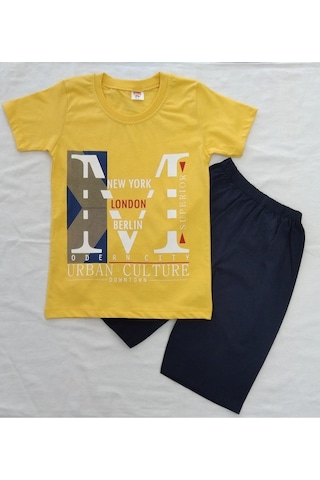 Aybeyce Newyork London Berlin Baskılı 9-12 Yaş Erkek Çocuk Şort-Tshirt Takım Sarı