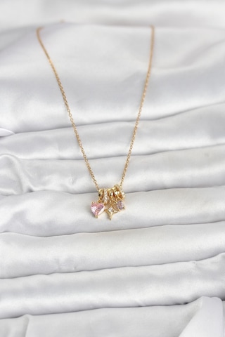316l Çelik Gold Pembe Zirkon Taşlı Charmlı Kadın Kolye Çok Renkli
