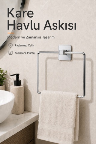 Kare Havluluk Yapışkanlı Delmesiz Matkapsız Metal Paslanmaz Çelik Banyo Askılığı El Havluluğu Krom